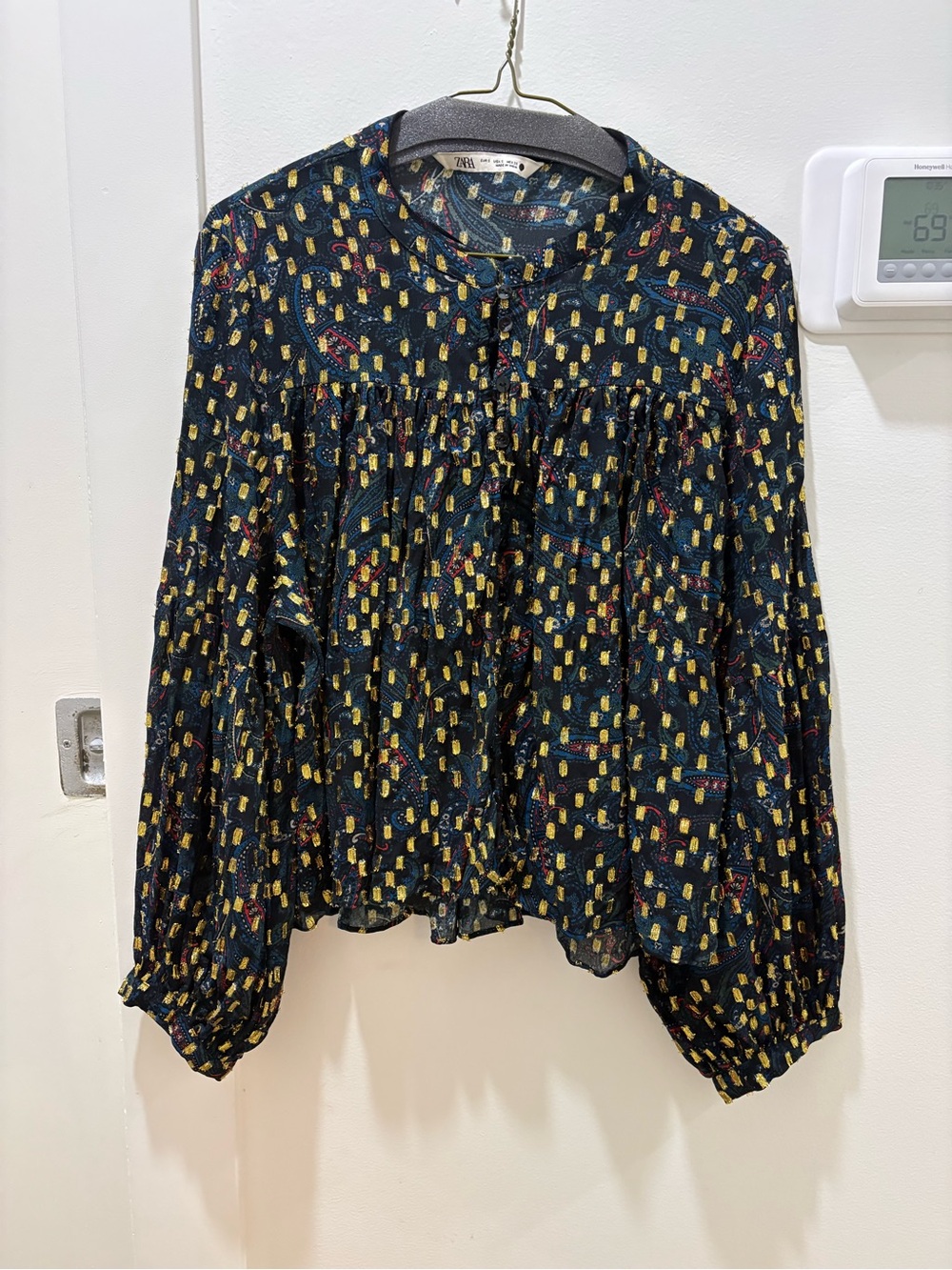 ZARA | Black Long-Sleeve Patterned Peasant Blouse with Shimmer Details